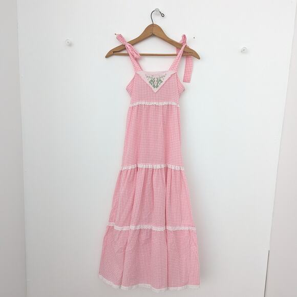 Vintage Cinderella Dress Girls Size 10 Pink Gingham Embroidered Sundress Maxi - Picture 1 of 7